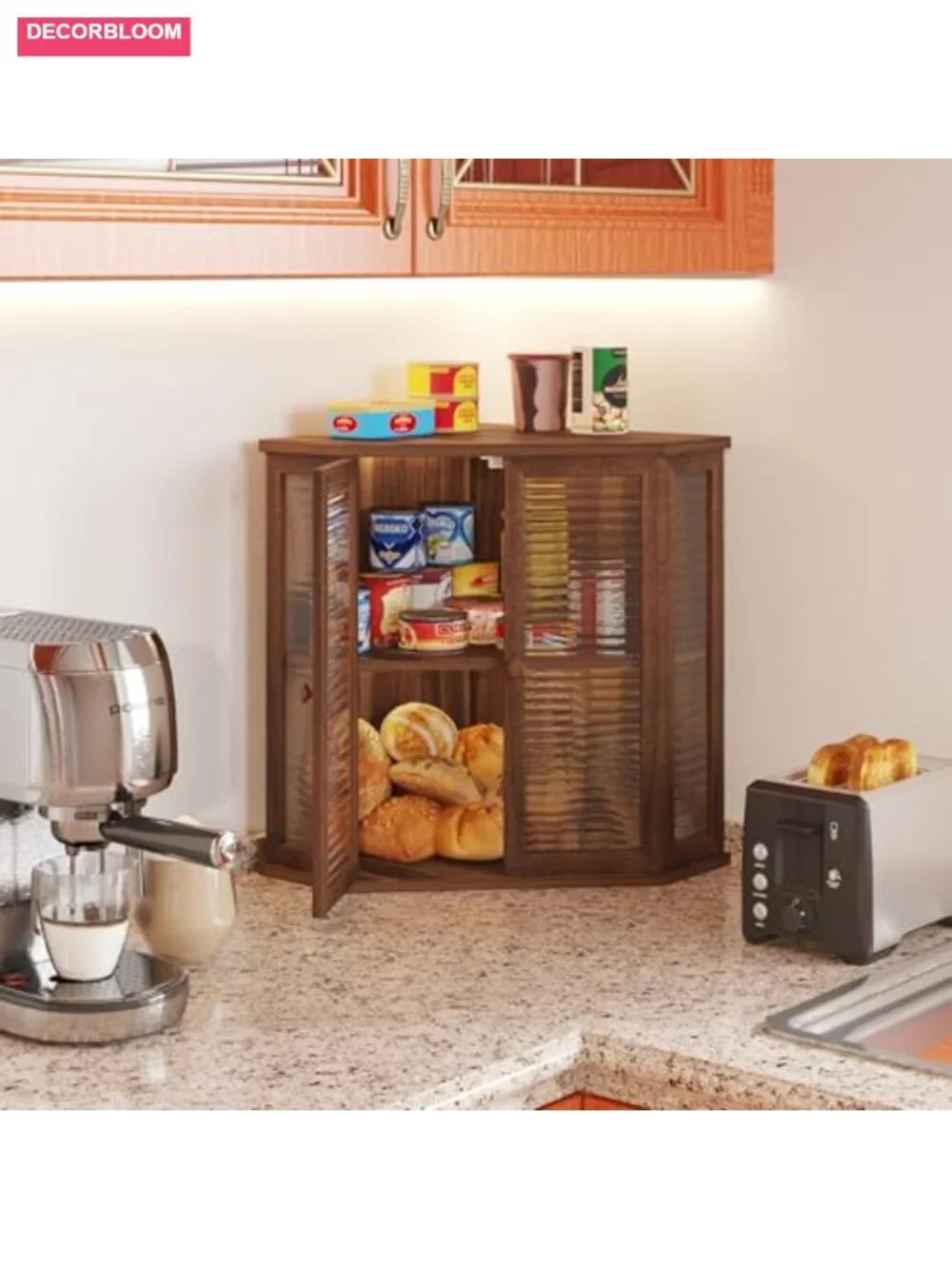 Extra Large Acacia Wood Corner Bread Box with Glass Wavy Door, Farmhouse